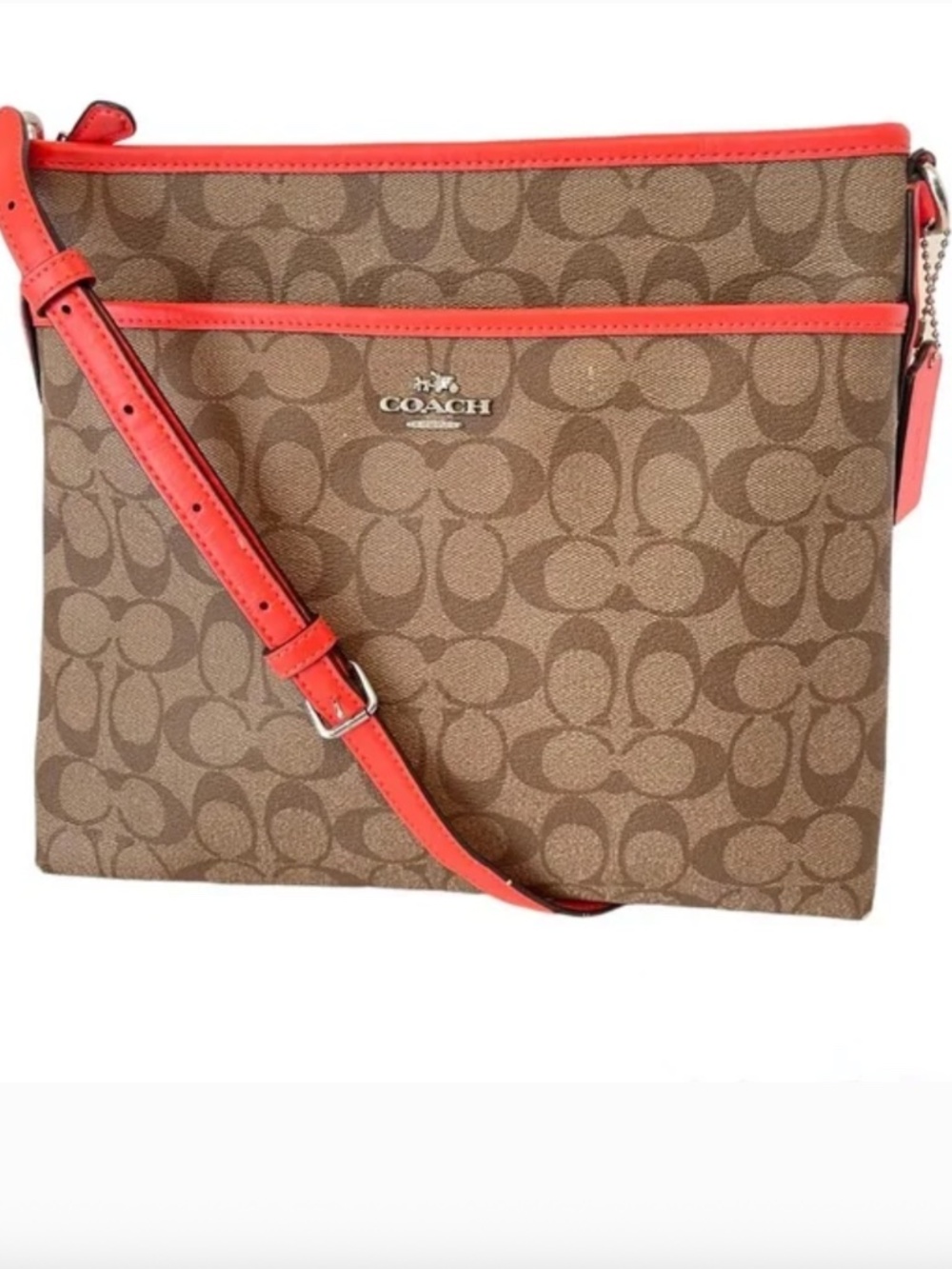 Coach PVC Khaki Signature File Bag Orange Leather Crossbody